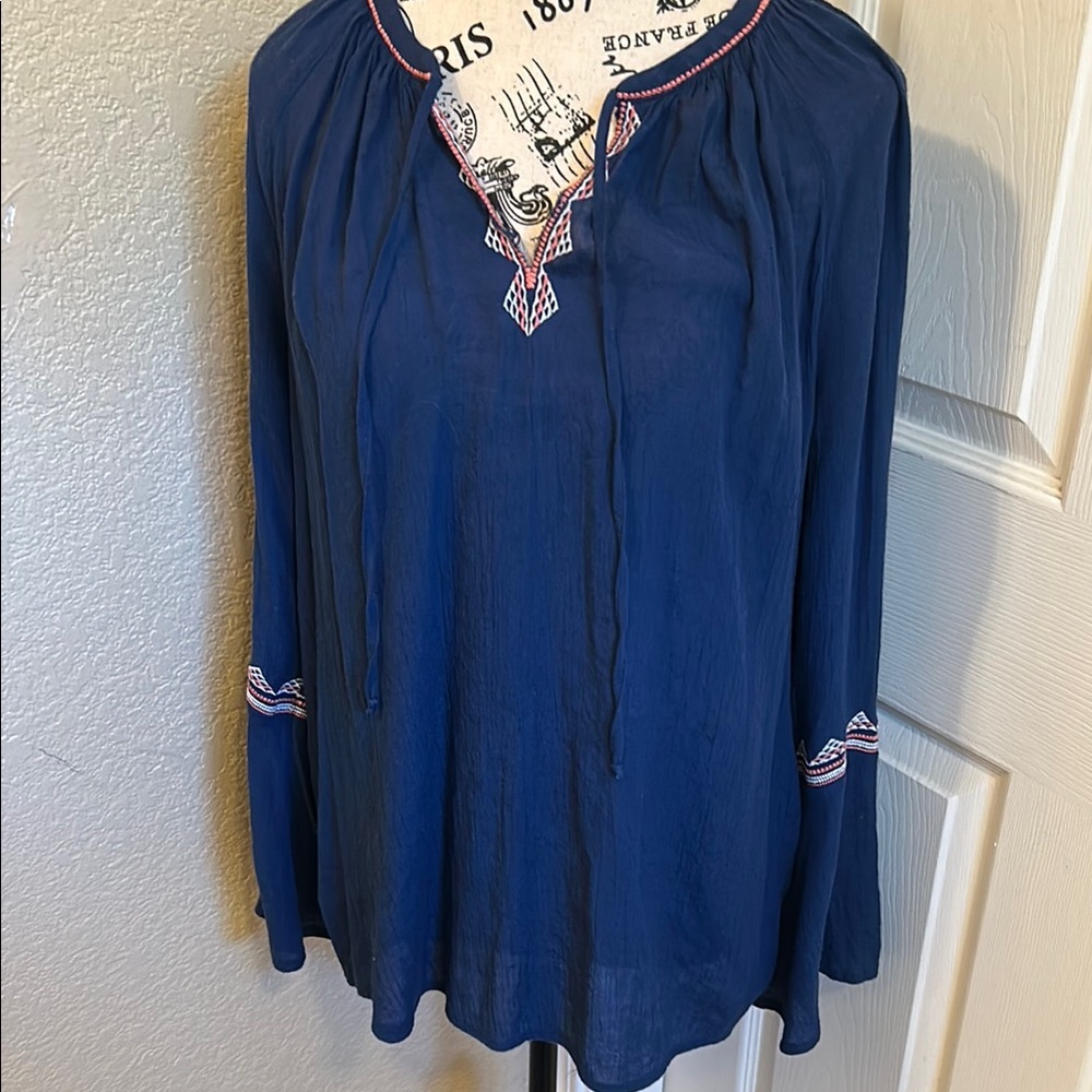 St. John's Bay Blue Embellished Blouse with Bib Collar